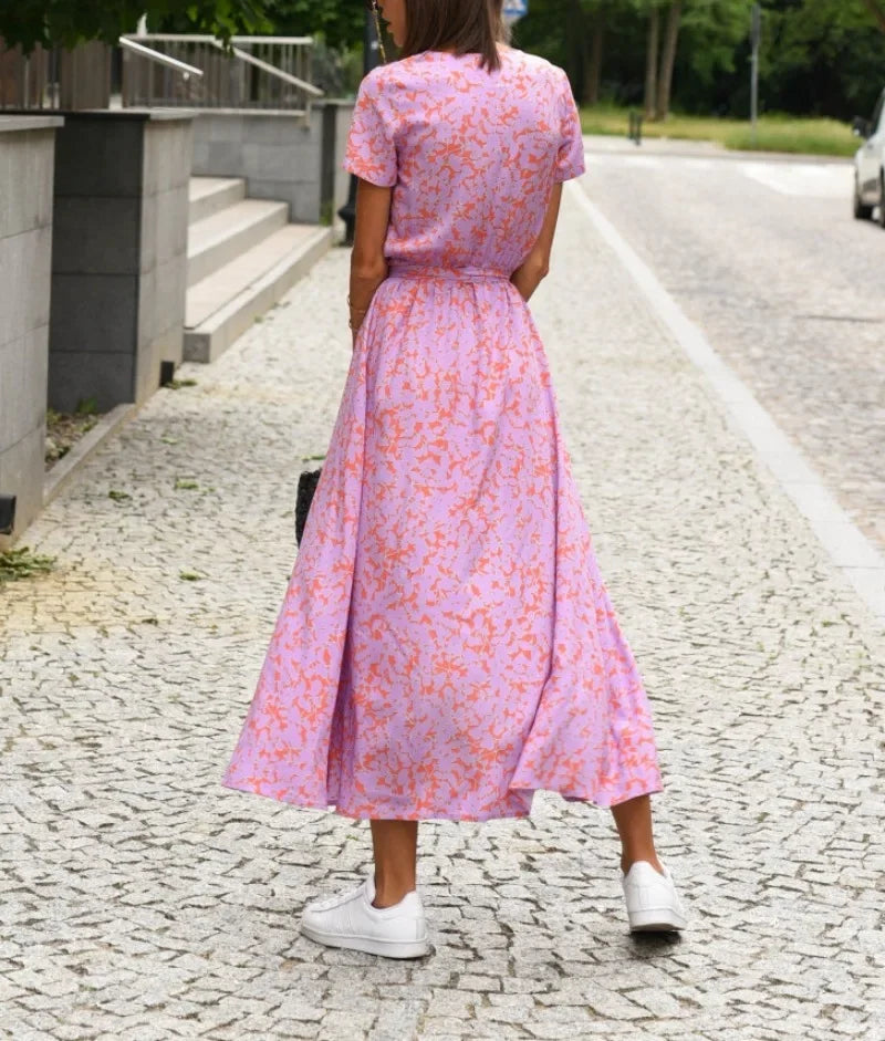 Vestido Longo Estampado com Gola V Victoria - Loja Luniva