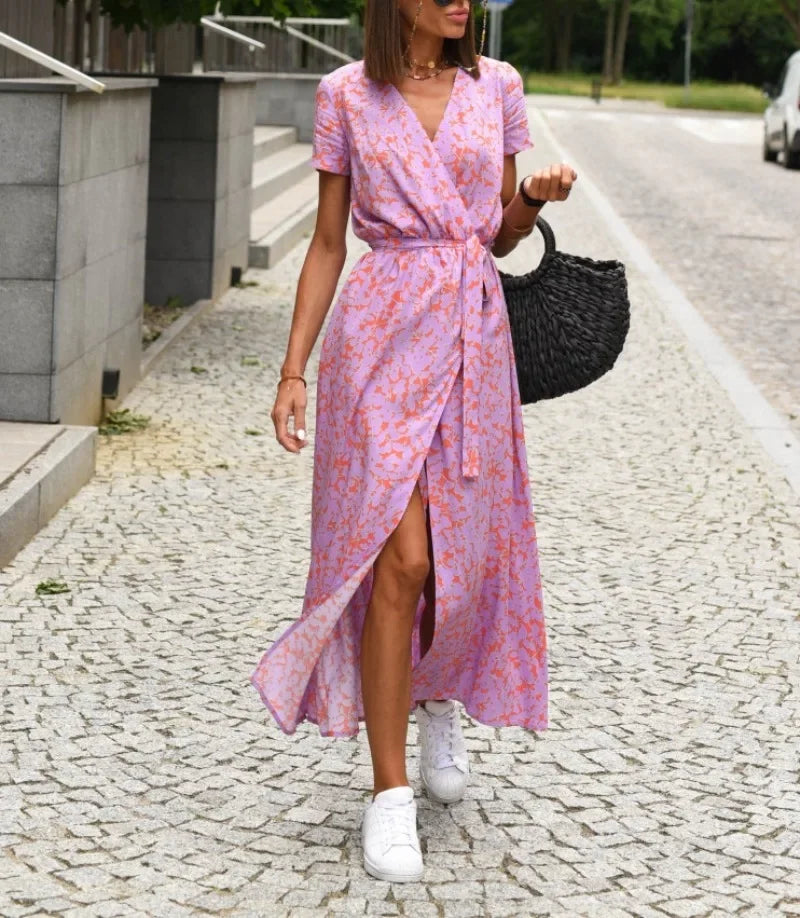 Vestido Longo Estampado com Gola V Victoria - Loja Luniva
