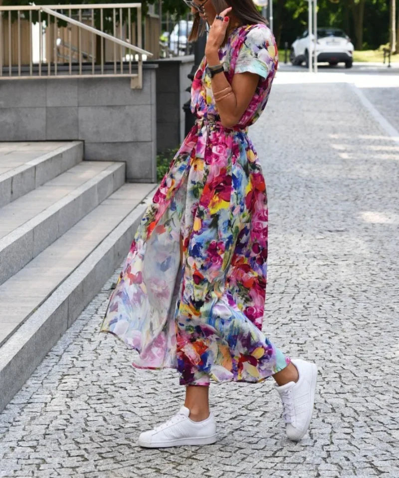 Vestido Longo Estampado com Gola V Victoria - Loja Luniva