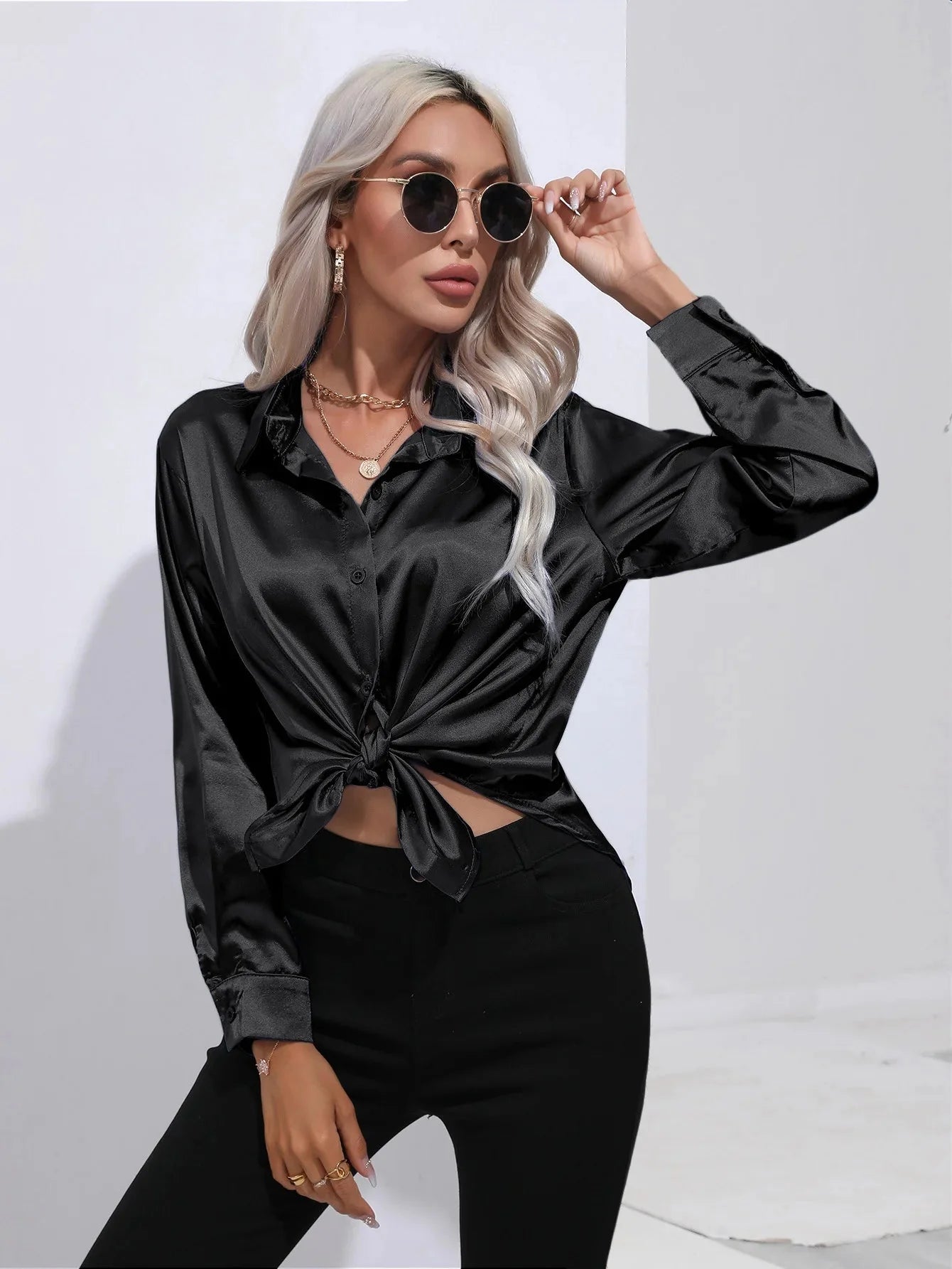Camisa Feminina Social de Cetim Manga Longa - Loja Luniva