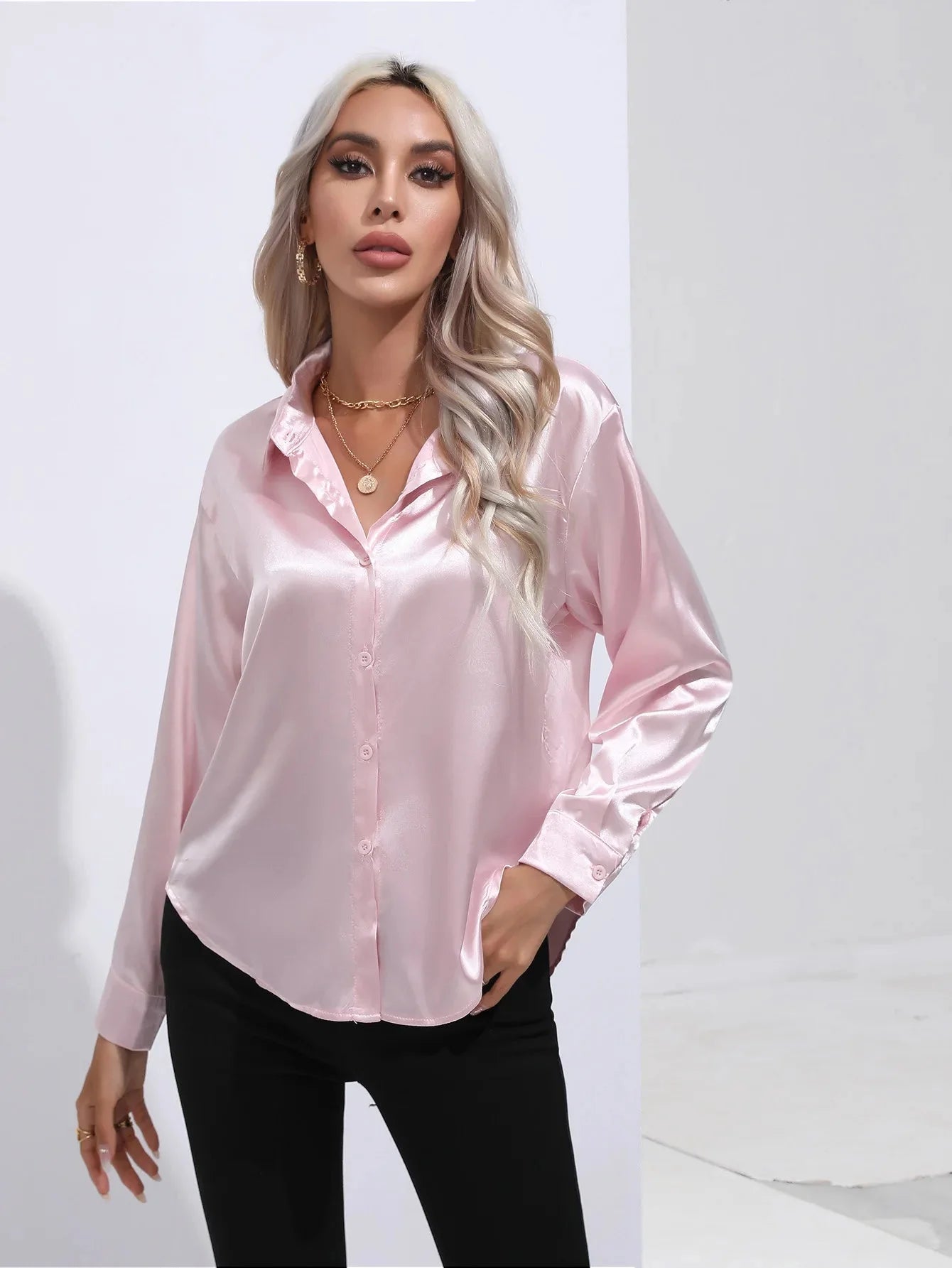 Camisa Feminina Social de Cetim Manga Longa - Loja Luniva