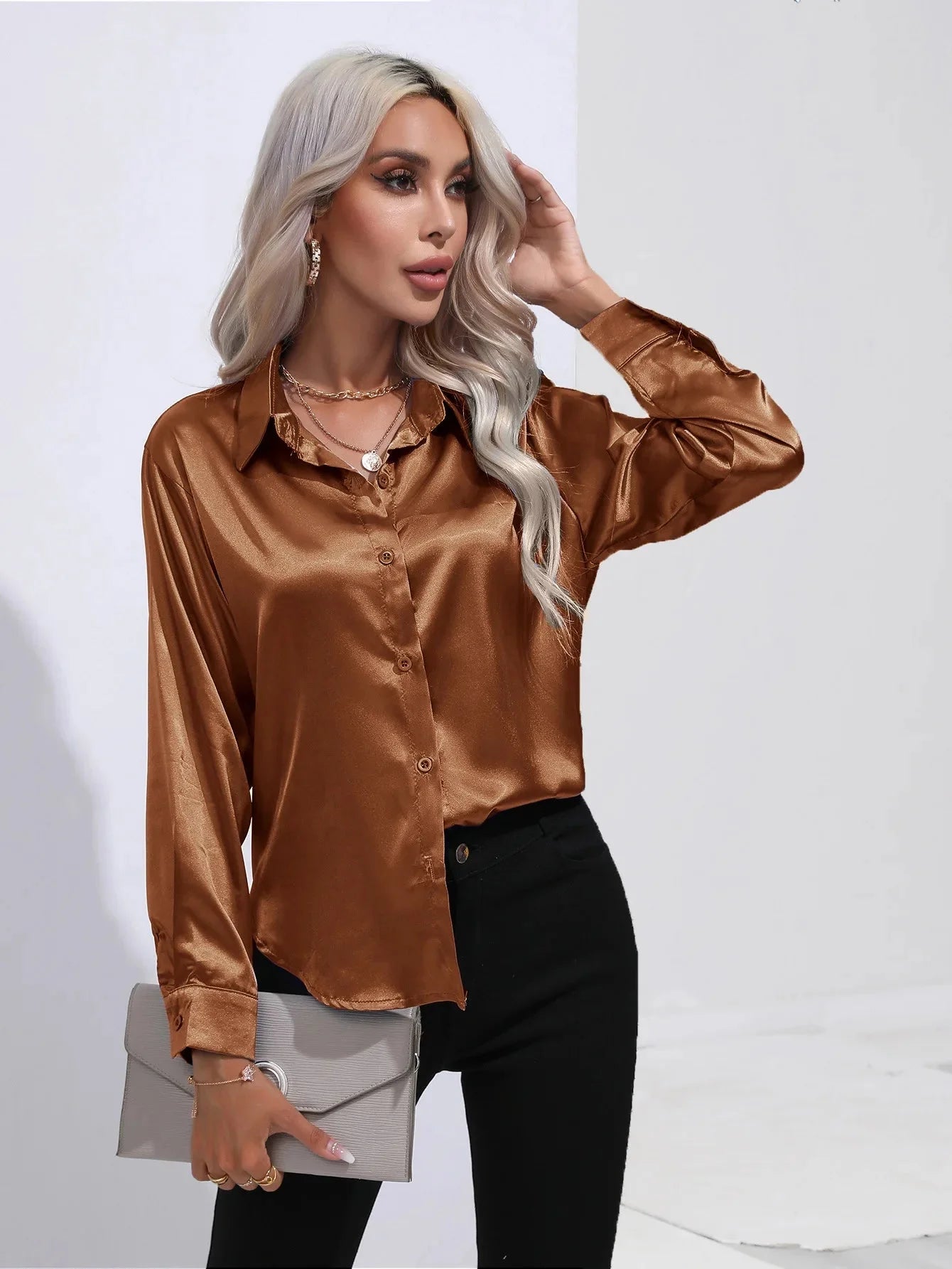 Camisa Feminina Social de Cetim Manga Longa - Loja Luniva