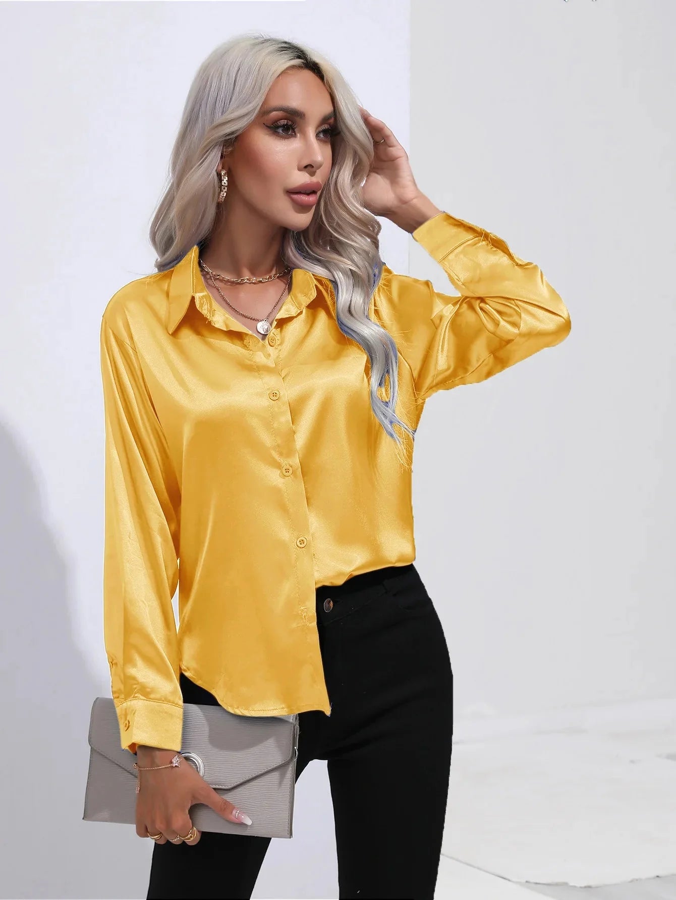 Camisa Feminina Social de Cetim Manga Longa - Loja Luniva