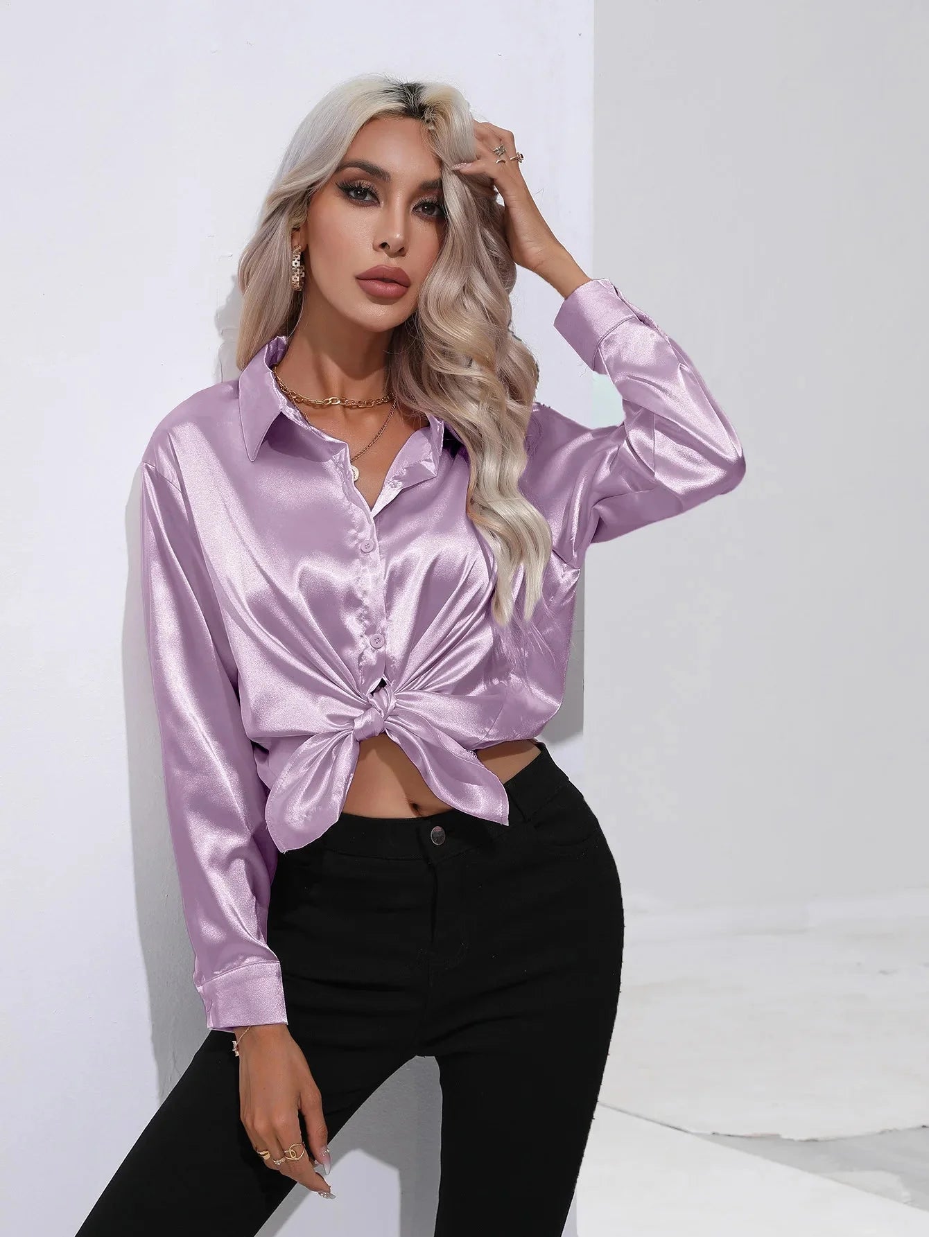 Camisa Feminina Social de Cetim Manga Longa - Loja Luniva