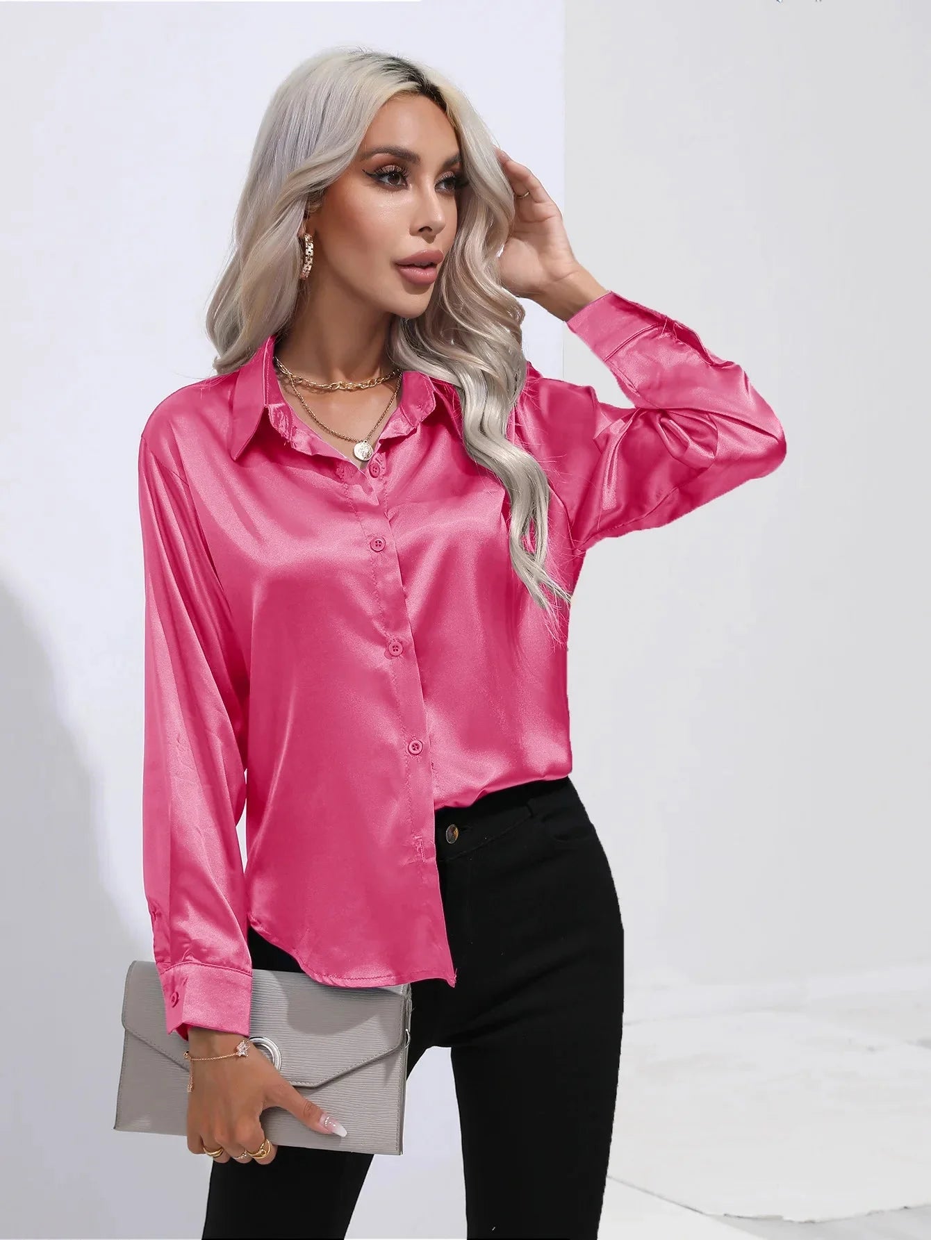 Camisa Feminina Social de Cetim Manga Longa - Loja Luniva