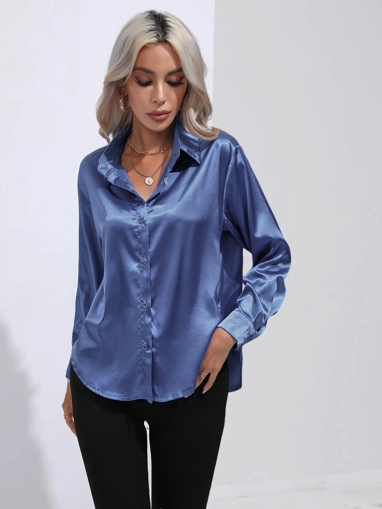 Camisa Feminina Social de Cetim Manga Longa - Loja Luniva