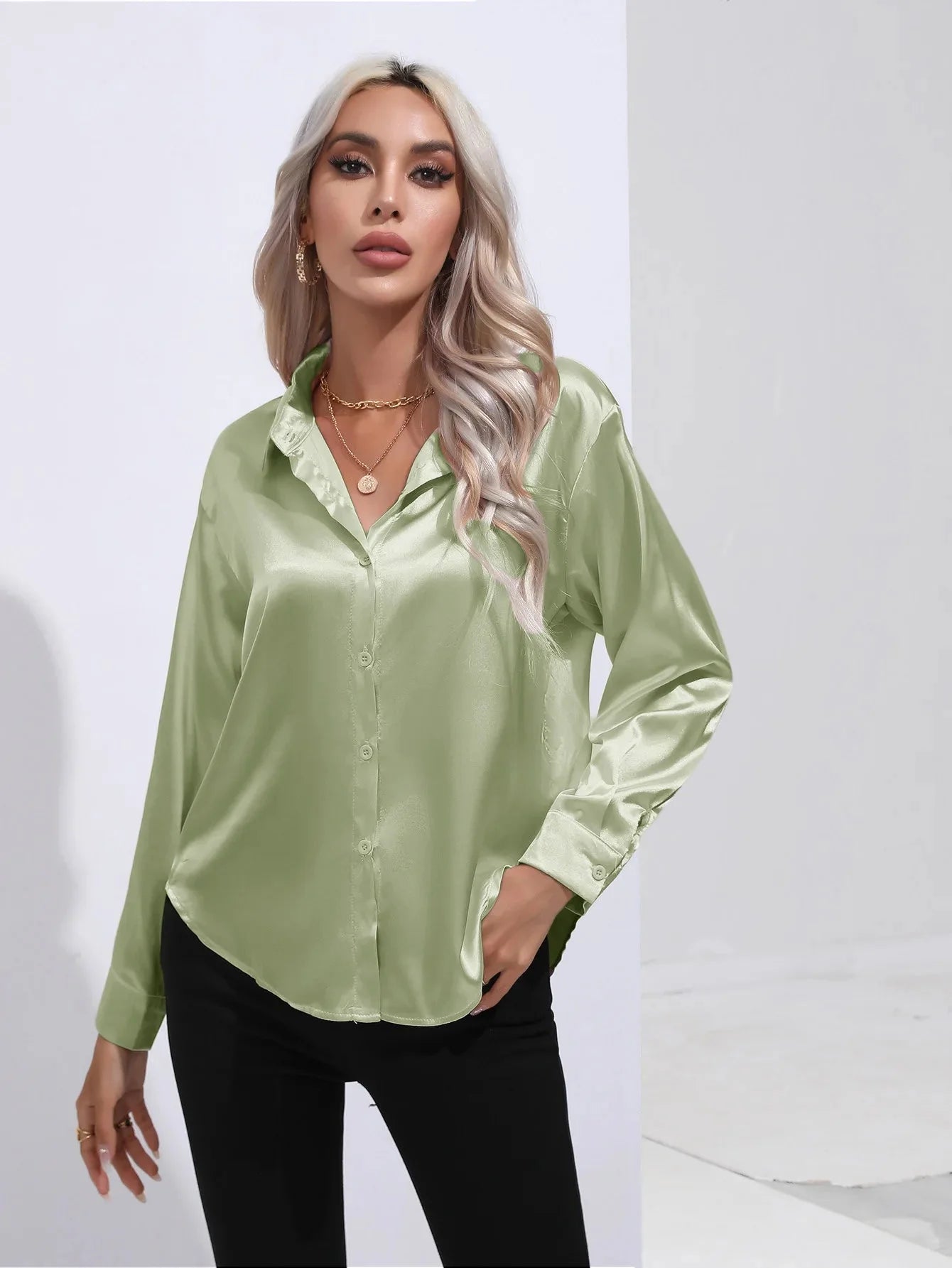 Camisa Feminina Social de Cetim Manga Longa - Loja Luniva
