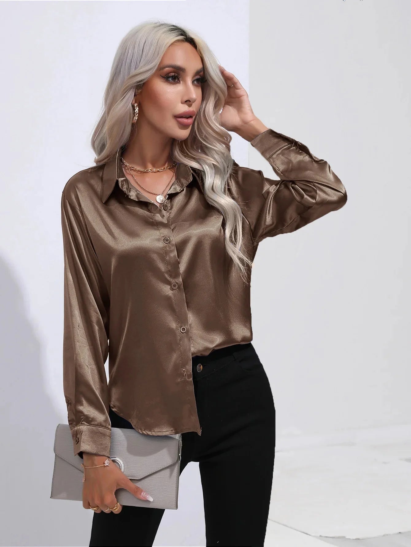 Camisa Feminina Social de Cetim Manga Longa - Loja Luniva