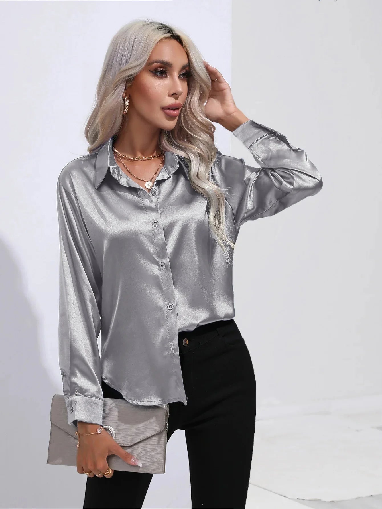 Camisa Feminina Social de Cetim Manga Longa - Loja Luniva