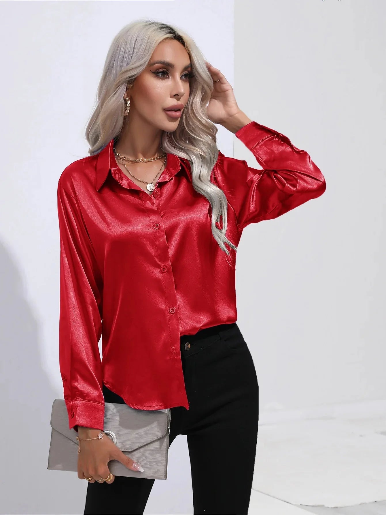 Camisa Feminina Social de Cetim Manga Longa - Loja Luniva