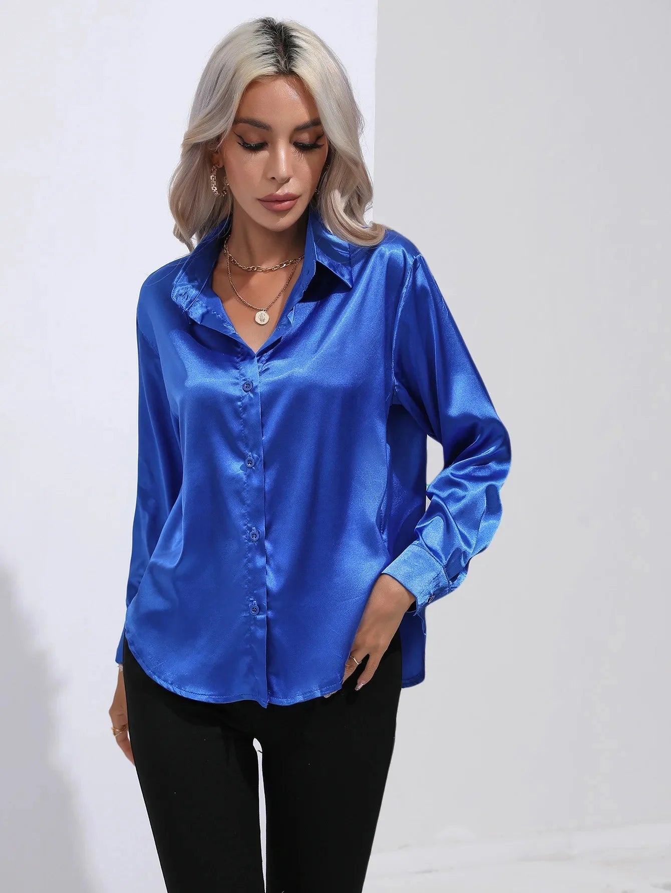 Camisa Feminina Social de Cetim Manga Longa - Loja Luniva