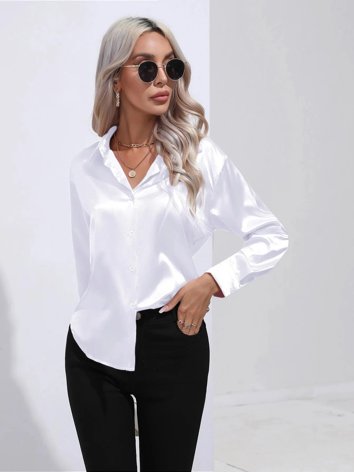 Camisa Feminina Social de Cetim Manga Longa - Loja Luniva