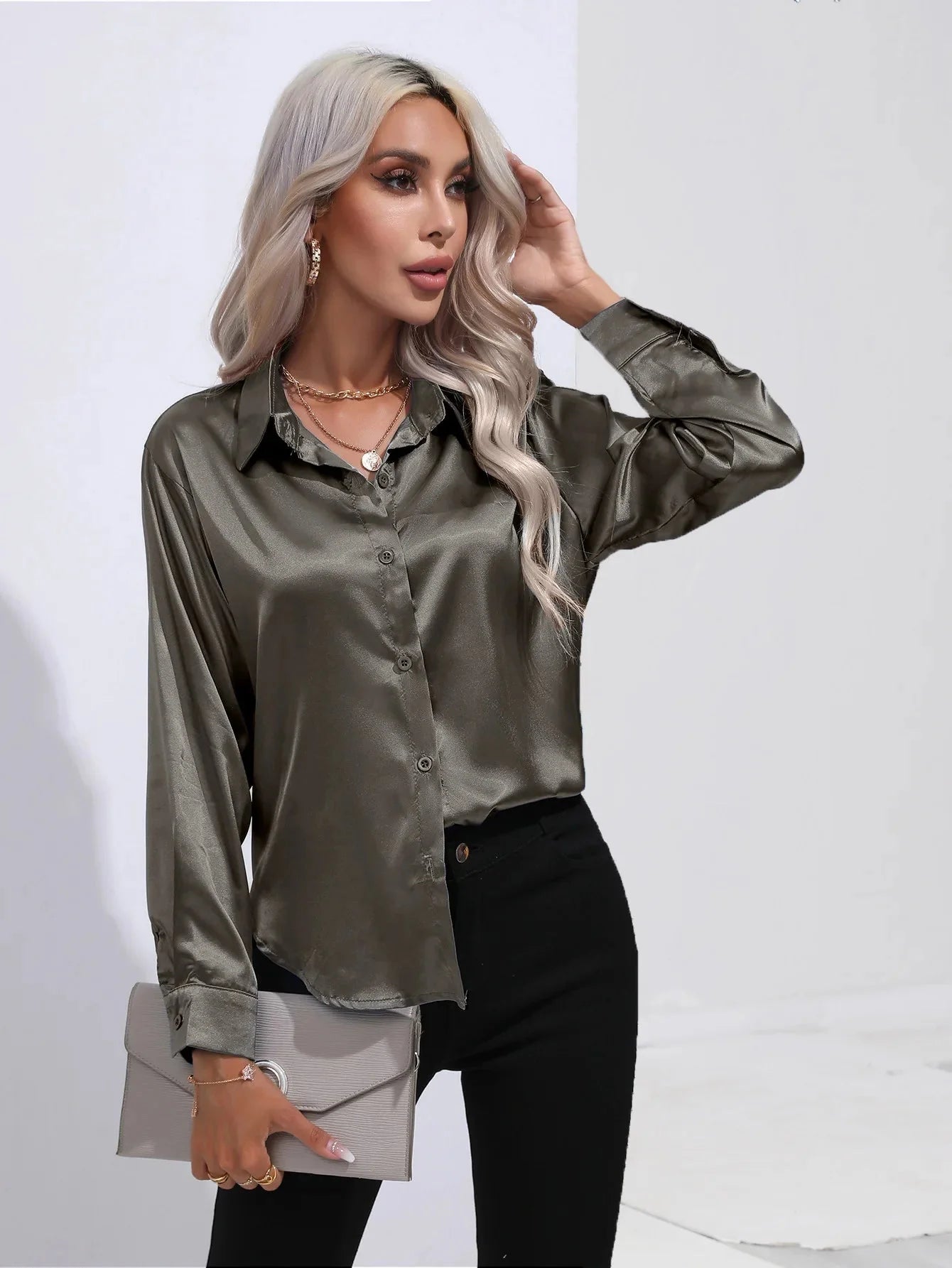 Camisa Feminina Social de Cetim Manga Longa - Loja Luniva