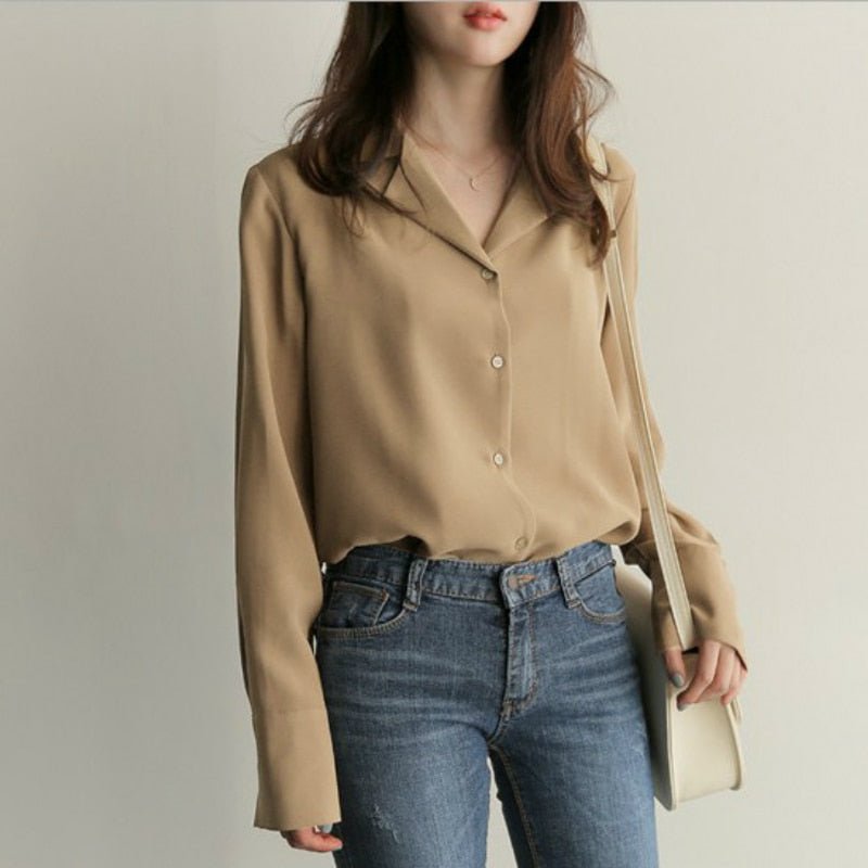 Camisa Feminina Social Gola V Manga Longa - Loja Luniva