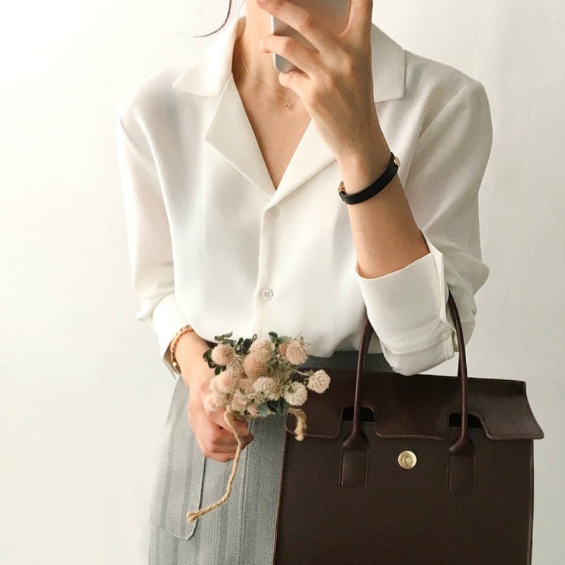 Camisa Feminina Social Gola V Manga Longa - Loja Luniva