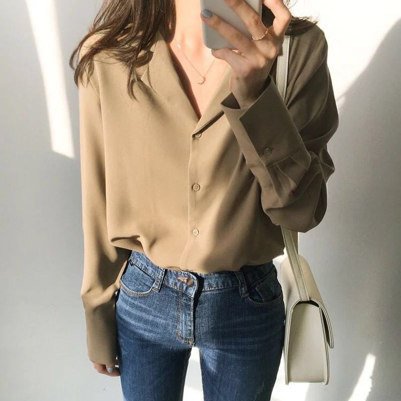 Camisa Feminina Social Gola V Manga Longa - Loja Luniva