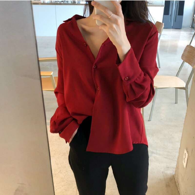 Camisa Feminina Social Gola V Manga Longa - Loja Luniva