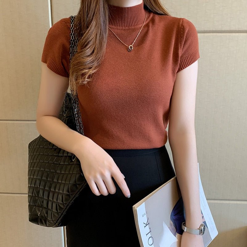 Blusa Feminina Social Manga Curta E Gola Alta - Loja Luniva
