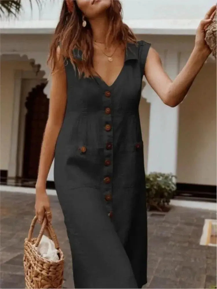 Vestido de Linho Com Botão - Loja Luniva