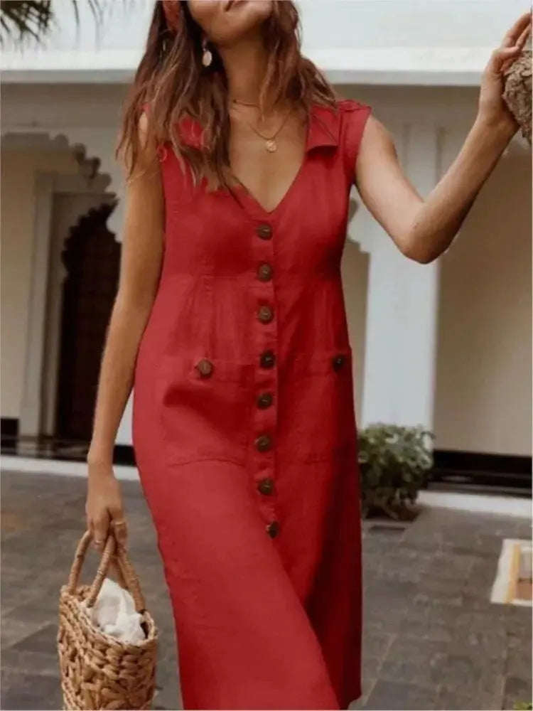 Vestido de Linho Com Botão - Loja Luniva