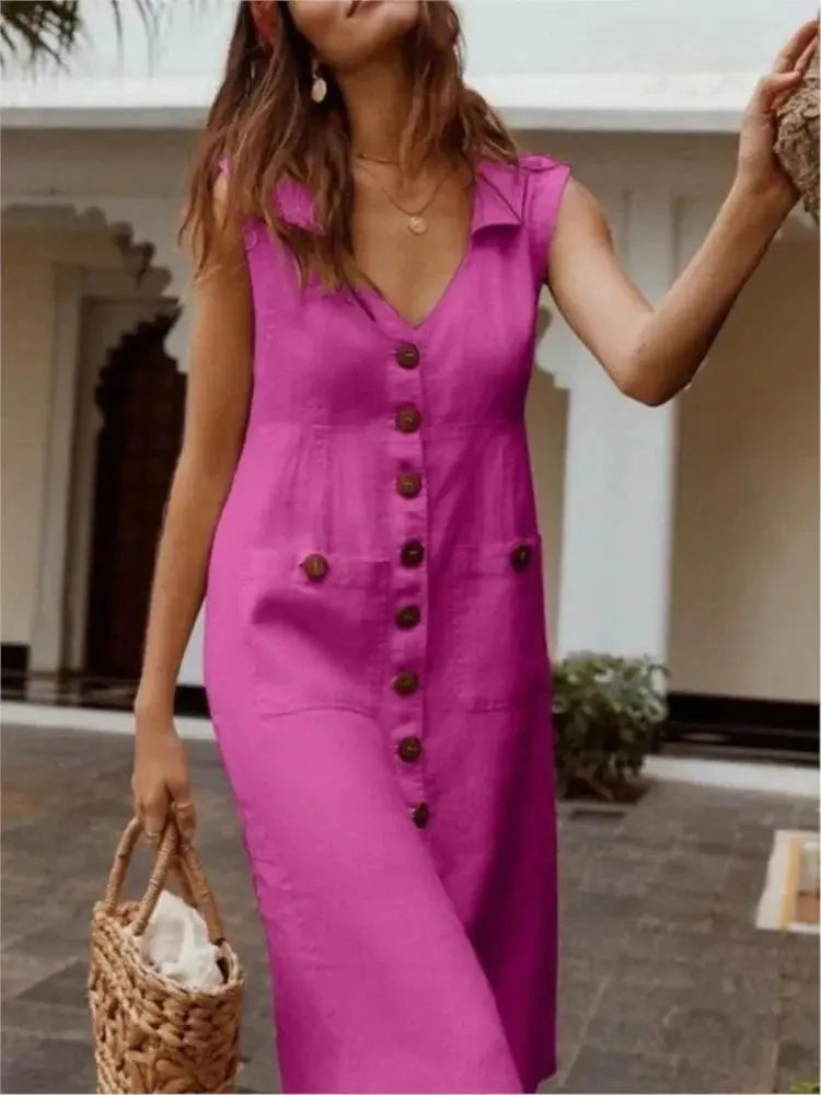 Vestido de Linho Com Botão - Loja Luniva