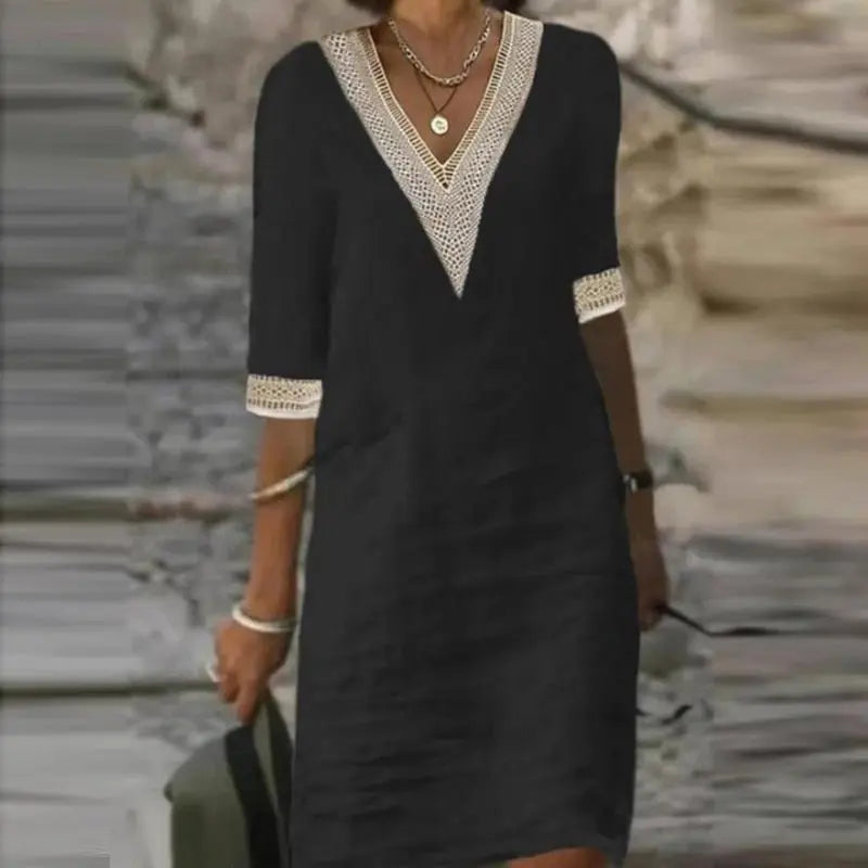Vestido De Linho Gola V - Loja Luniva