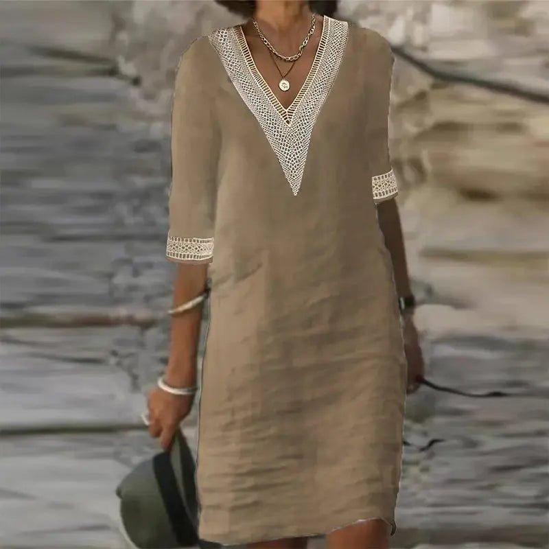 Vestido De Linho Gola V - Loja Luniva