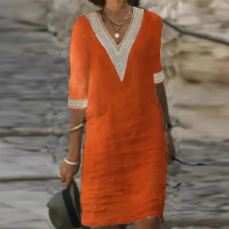 Vestido De Linho Gola V - Loja Luniva