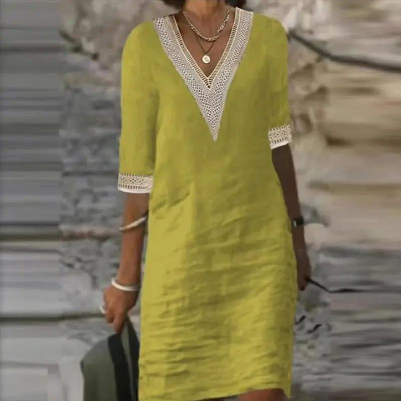Vestido De Linho Gola V - Loja Luniva