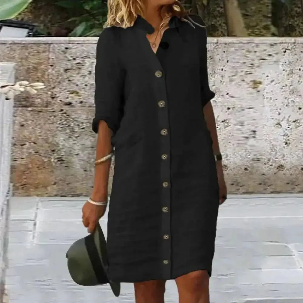 Vestido de Linho Gola V Catarina - Loja Luniva