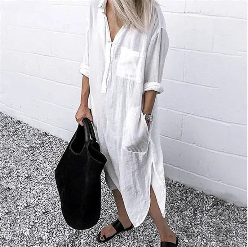 Vestido De Linho Manga Longa - Loja Luniva