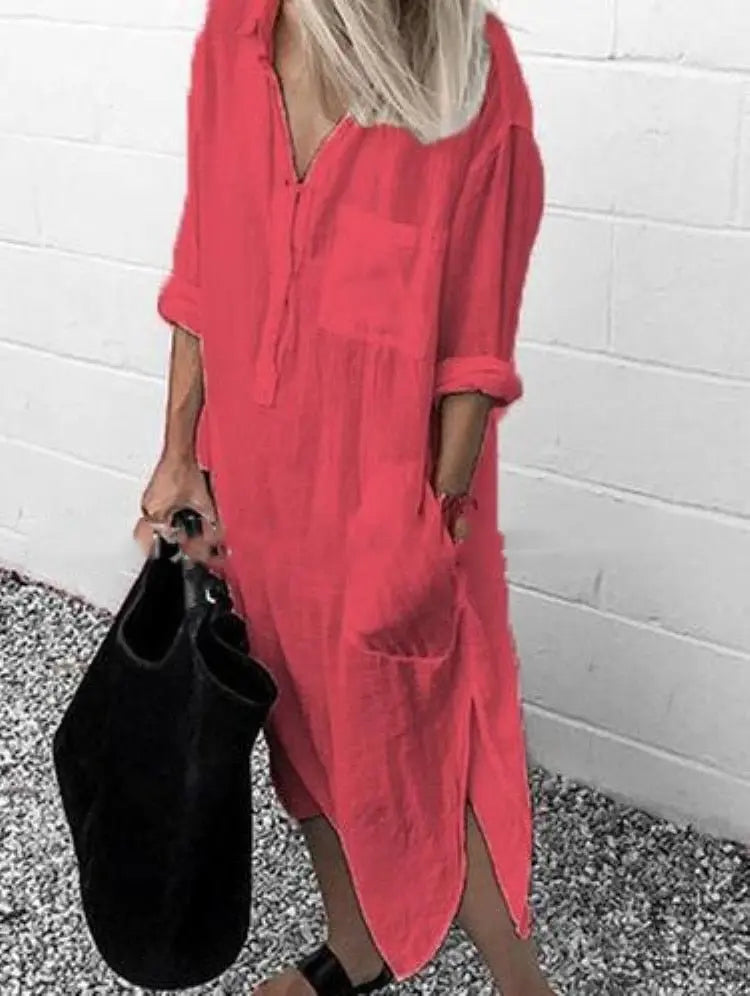 Vestido De Linho Manga Longa - Loja Luniva