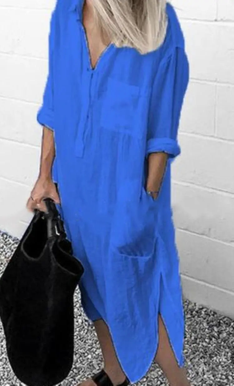 Vestido De Linho Manga Longa - Loja Luniva