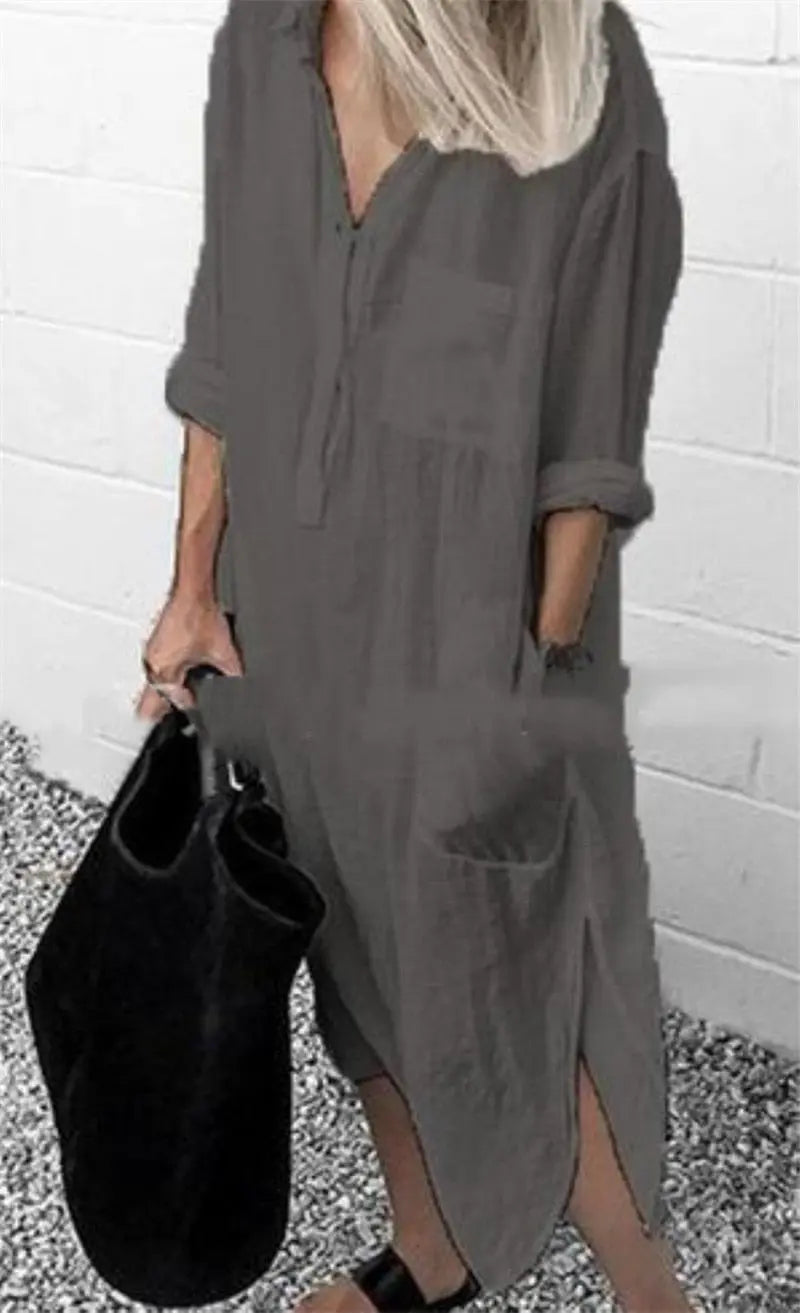 Vestido De Linho Manga Longa - Loja Luniva