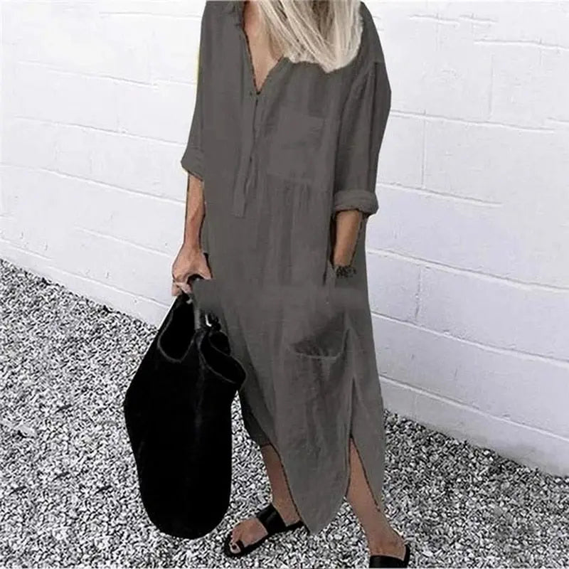 Vestido De Linho Manga Longa - Loja Luniva