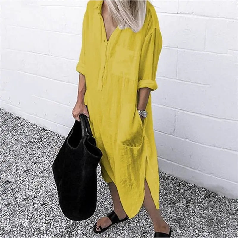 Vestido De Linho Manga Longa - Loja Luniva