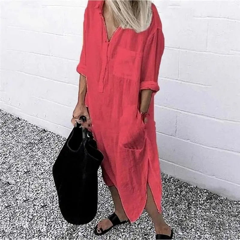 Vestido De Linho Manga Longa - Loja Luniva