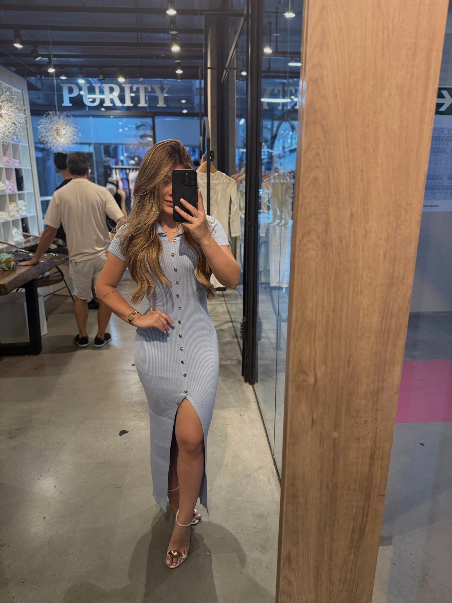 vestido Canelado com Botões Laura