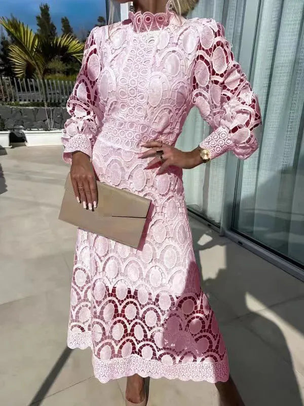 Vestido de Renda Francesa com Gola Alta - Loja Luniva