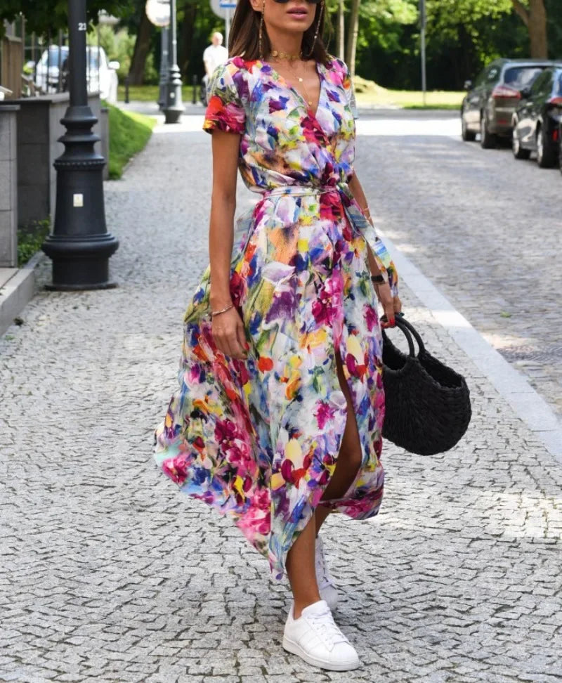 Vestido Longo Estampado com Gola V Victoria - Loja Luniva