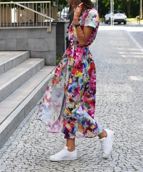 Vestido Longo Estampado com Gola V Victoria - Loja Luniva