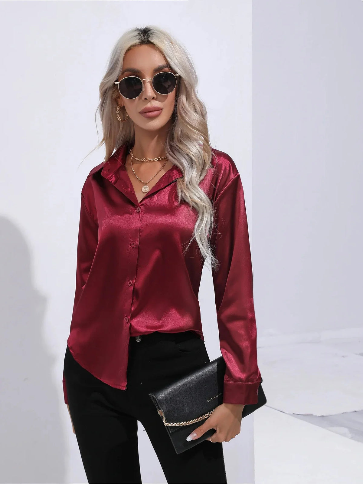Camisa Feminina Social de Cetim Manga Longa - Loja Luniva