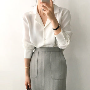 Camisa Feminina Social Gola V Manga Longa - Loja Luniva