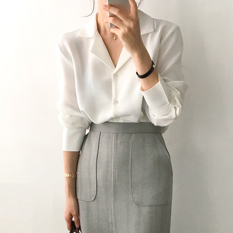 Camisa Feminina Social Gola V Manga Longa - Loja Luniva