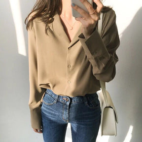 Camisa Feminina Social Gola V Manga Longa - Loja Luniva