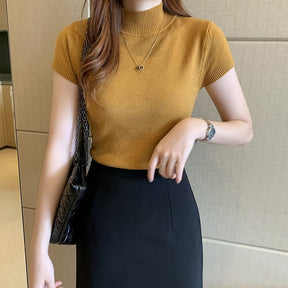 Blusa Feminina Social Manga Curta E Gola Alta - Loja Luniva