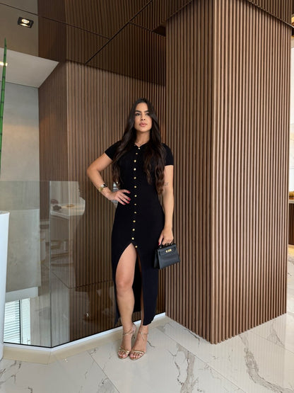 vestido Canelado com Botões Laura