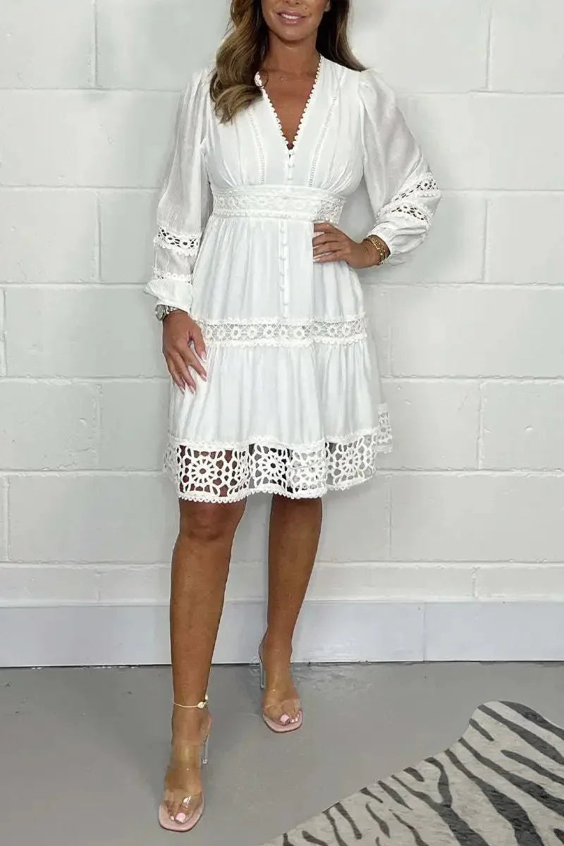 Vestido de Algodão Gola V de Renda - Loja Luniva