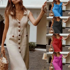 Vestido de Linho Com Botão - Loja Luniva