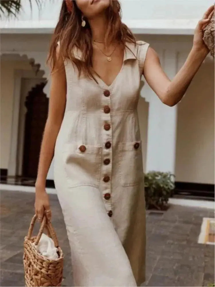 Vestido de Linho Com Botão - Loja Luniva